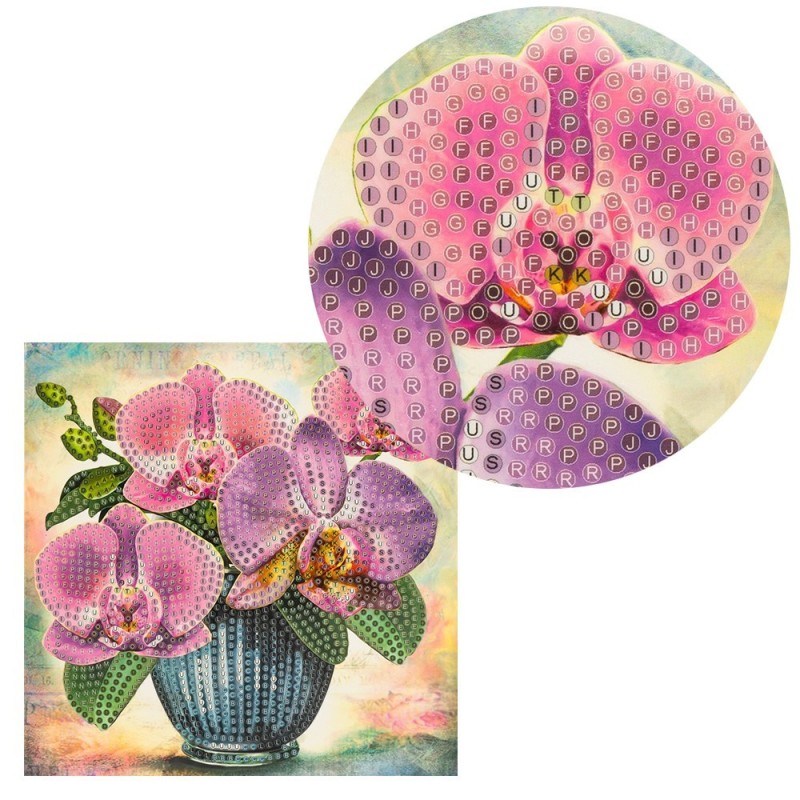 Diamond painting, kartka storczyki w wazonie, rozm. 16x16cm