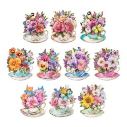 Motywy 3d, kwiaty w filiżankach, rozm. 8-10,5cm, 10 sztuk